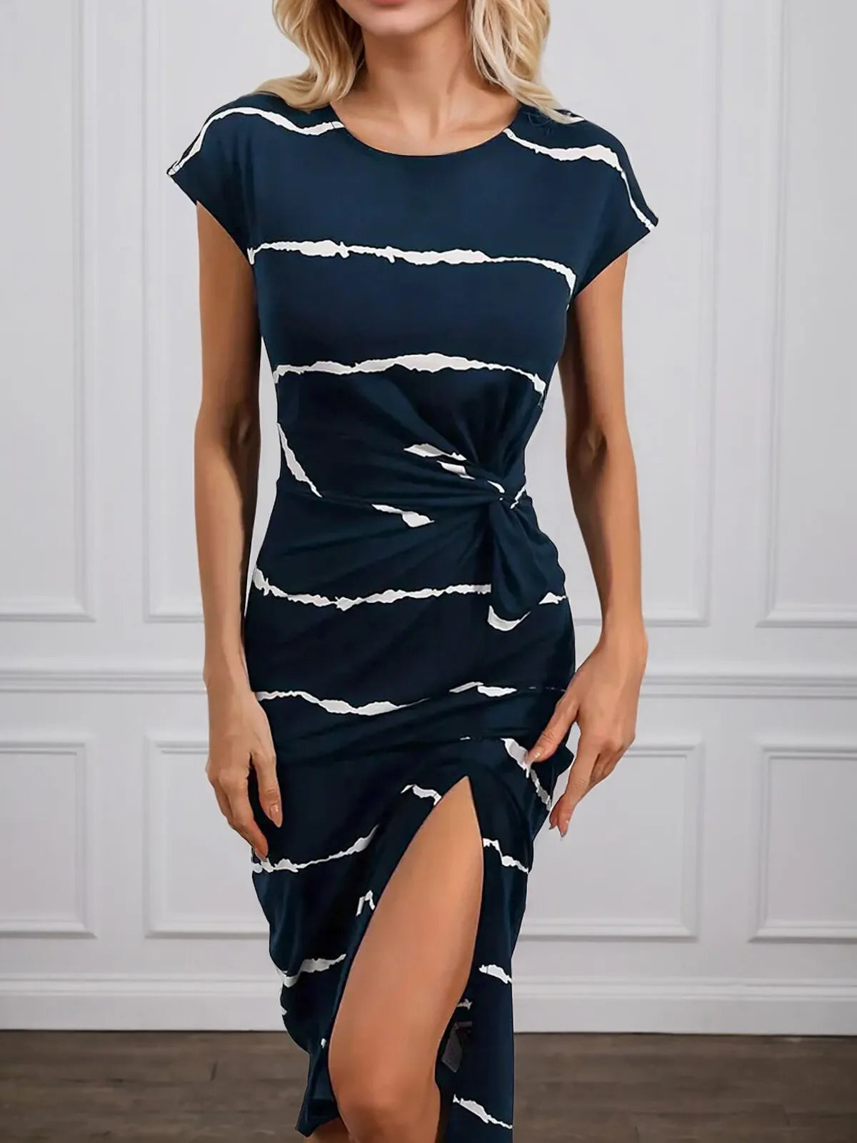 Striped Round Neck Fitted Dress