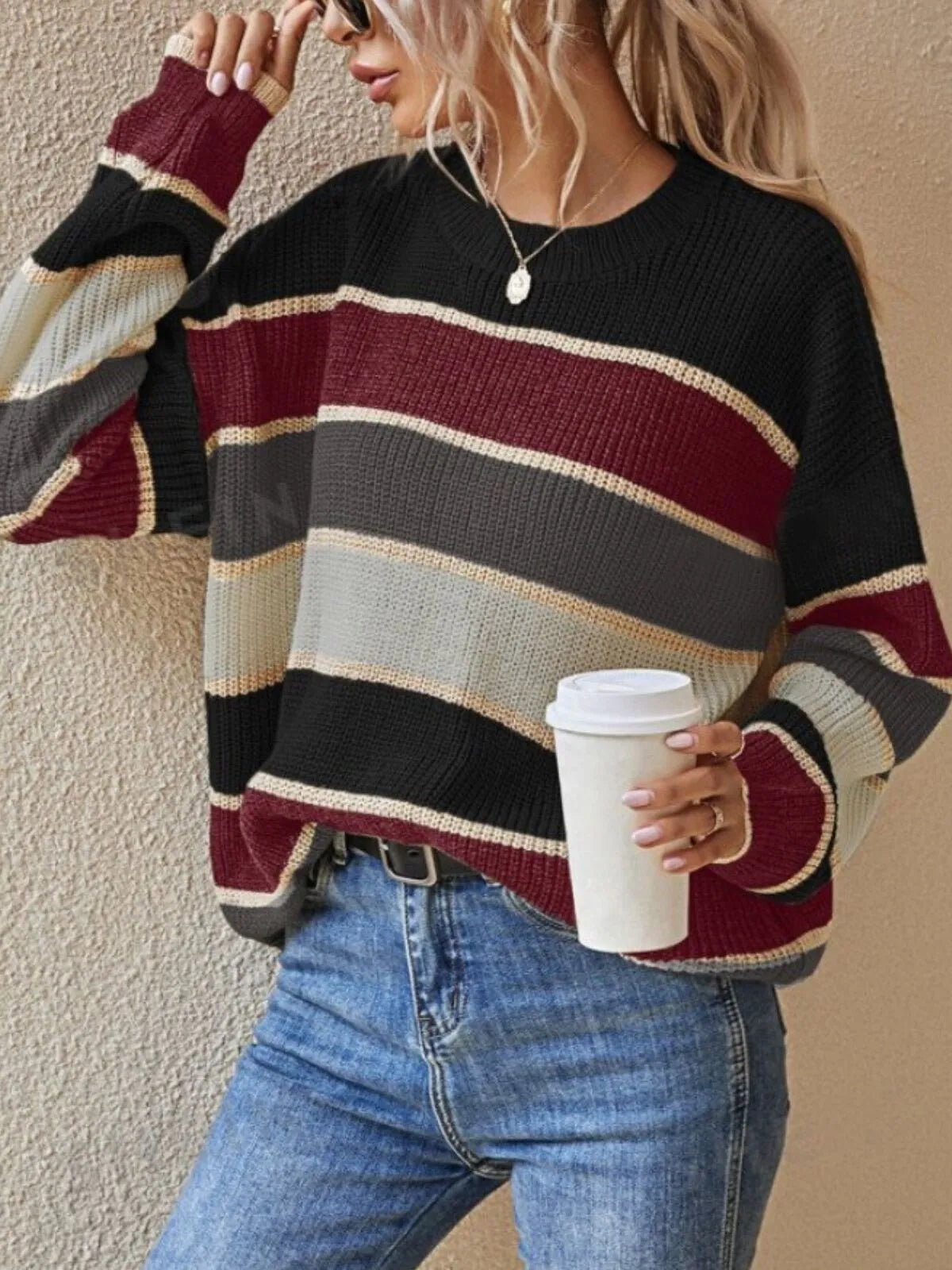 Colorblock Striped Print Drop Shoulder Round Neck Sweater Knitwear for Daily Wear