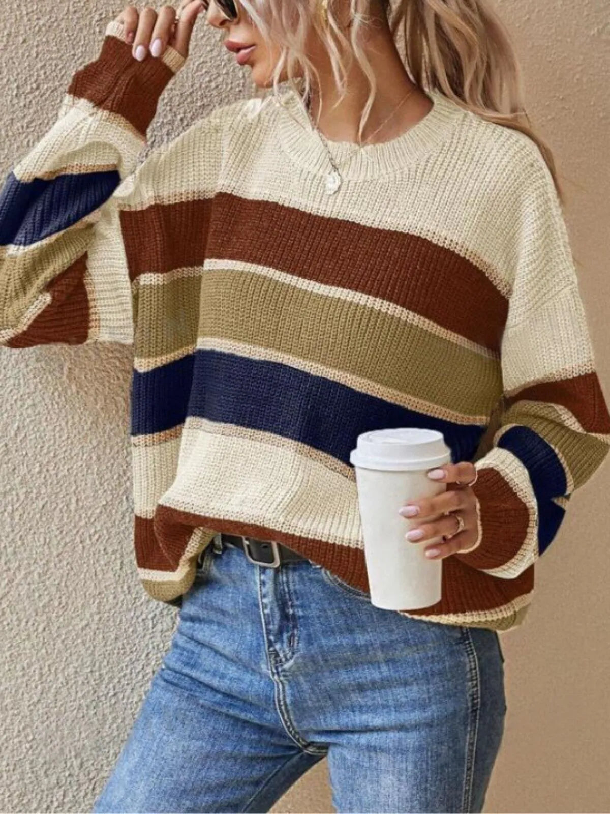 Colorblock Striped Print Drop Shoulder Round Neck Sweater Knitwear for Daily Wear