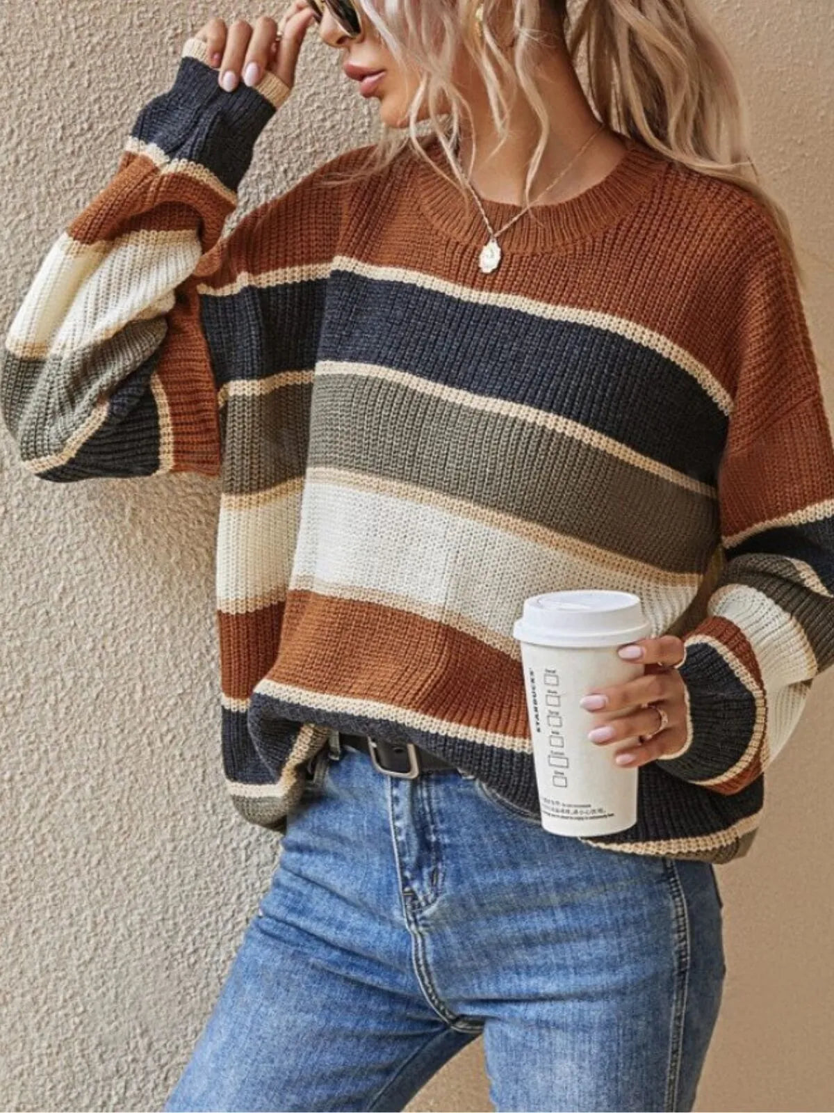 Colorblock Striped Print Drop Shoulder Round Neck Sweater Knitwear for Daily Wear