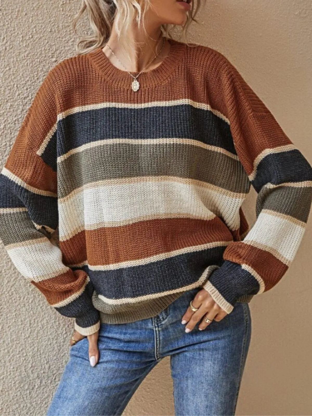 Colorblock Striped Print Drop Shoulder Round Neck Sweater Knitwear for Daily Wear