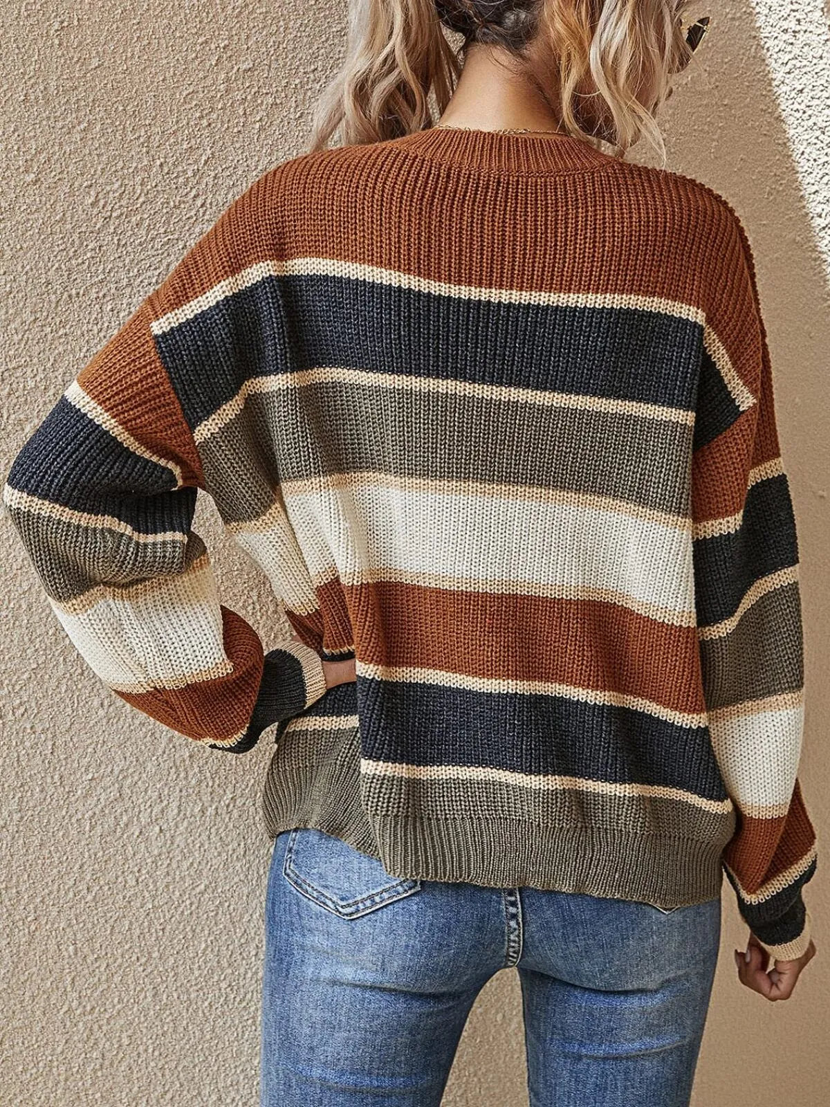 Colorblock Striped Print Drop Shoulder Round Neck Sweater Knitwear for Daily Wear