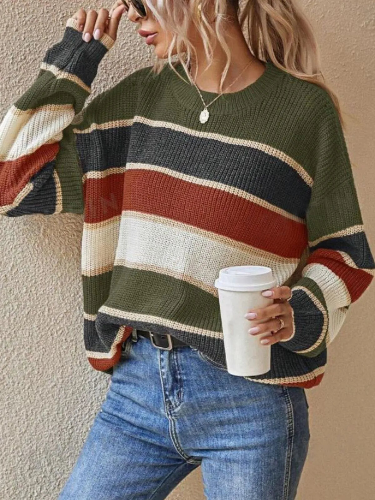 Colorblock Striped Print Drop Shoulder Round Neck Sweater Knitwear for Daily Wear
