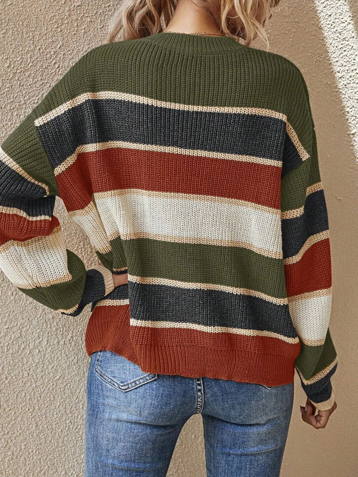 Colorblock Striped Print Drop Shoulder Round Neck Sweater Knitwear for Daily Wear