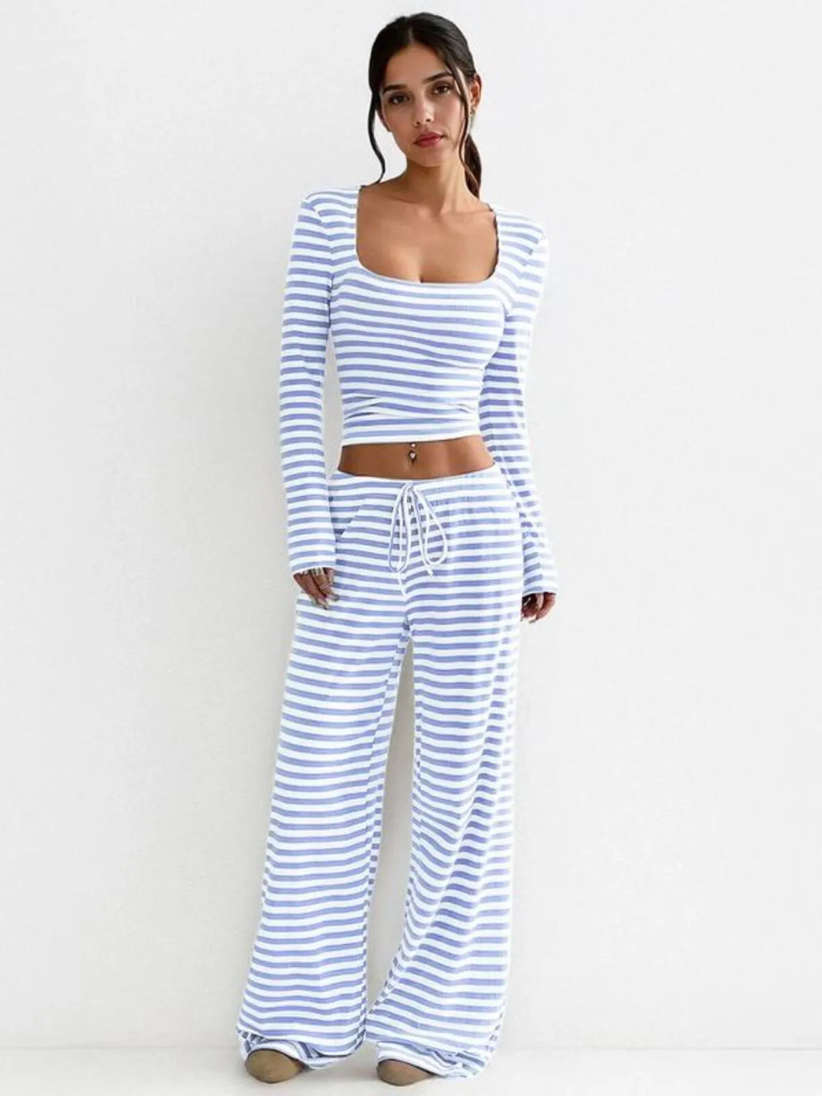Square Neck Stripe Long Sleeve Crop Top & Cozy Low-Rise Wide Palazzo Pants