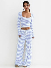 Square Neck Stripe Long Sleeve Crop Top & Cozy Low-Rise Wide Palazzo Pants