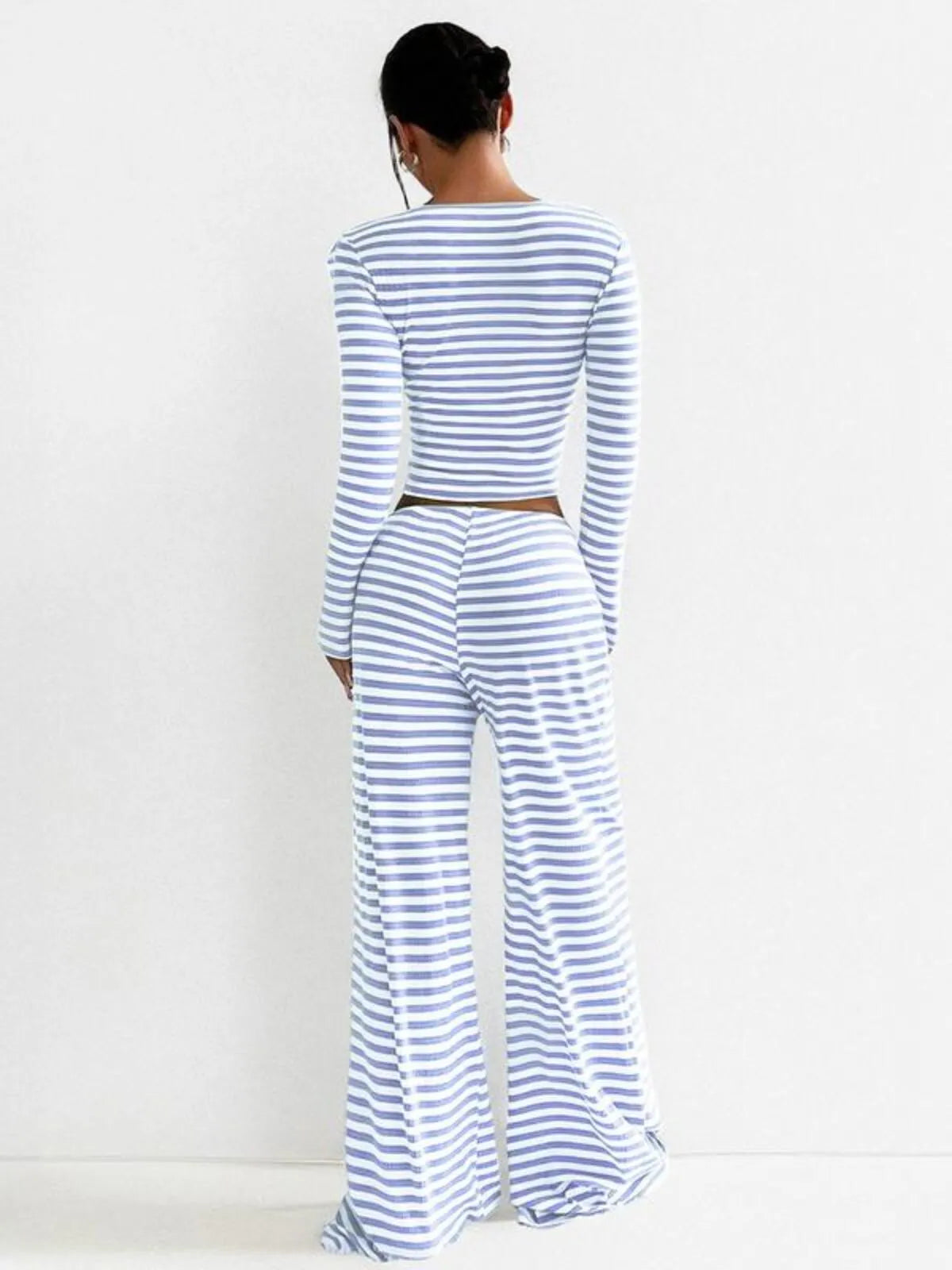 Square Neck Stripe Long Sleeve Crop Top & Cozy Low-Rise Wide Palazzo Pants