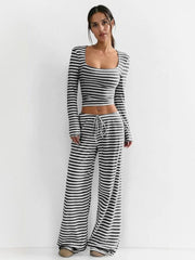 Square Neck Stripe Long Sleeve Crop Top & Cozy Low-Rise Wide Palazzo Pants