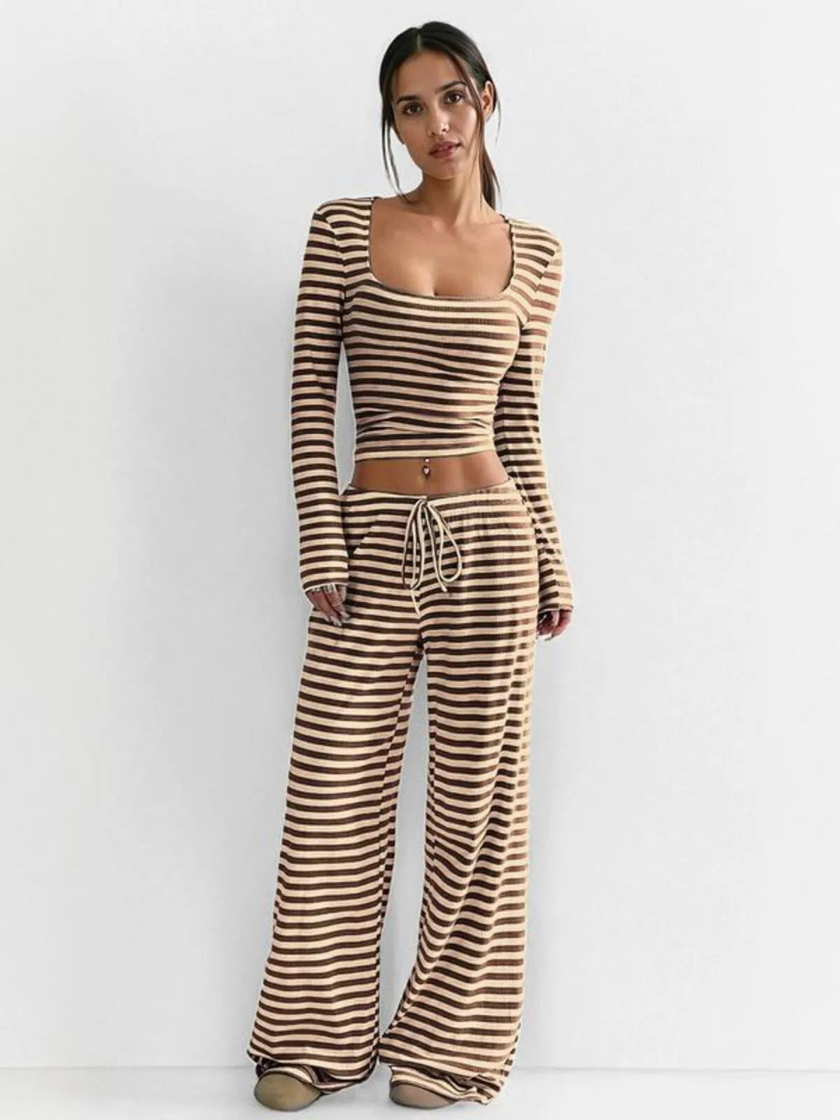 Square Neck Stripe Long Sleeve Crop Top & Cozy Low-Rise Wide Palazzo Pants