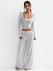 Square Neck Stripe Long Sleeve Crop Top & Cozy Low-Rise Wide Palazzo Pants