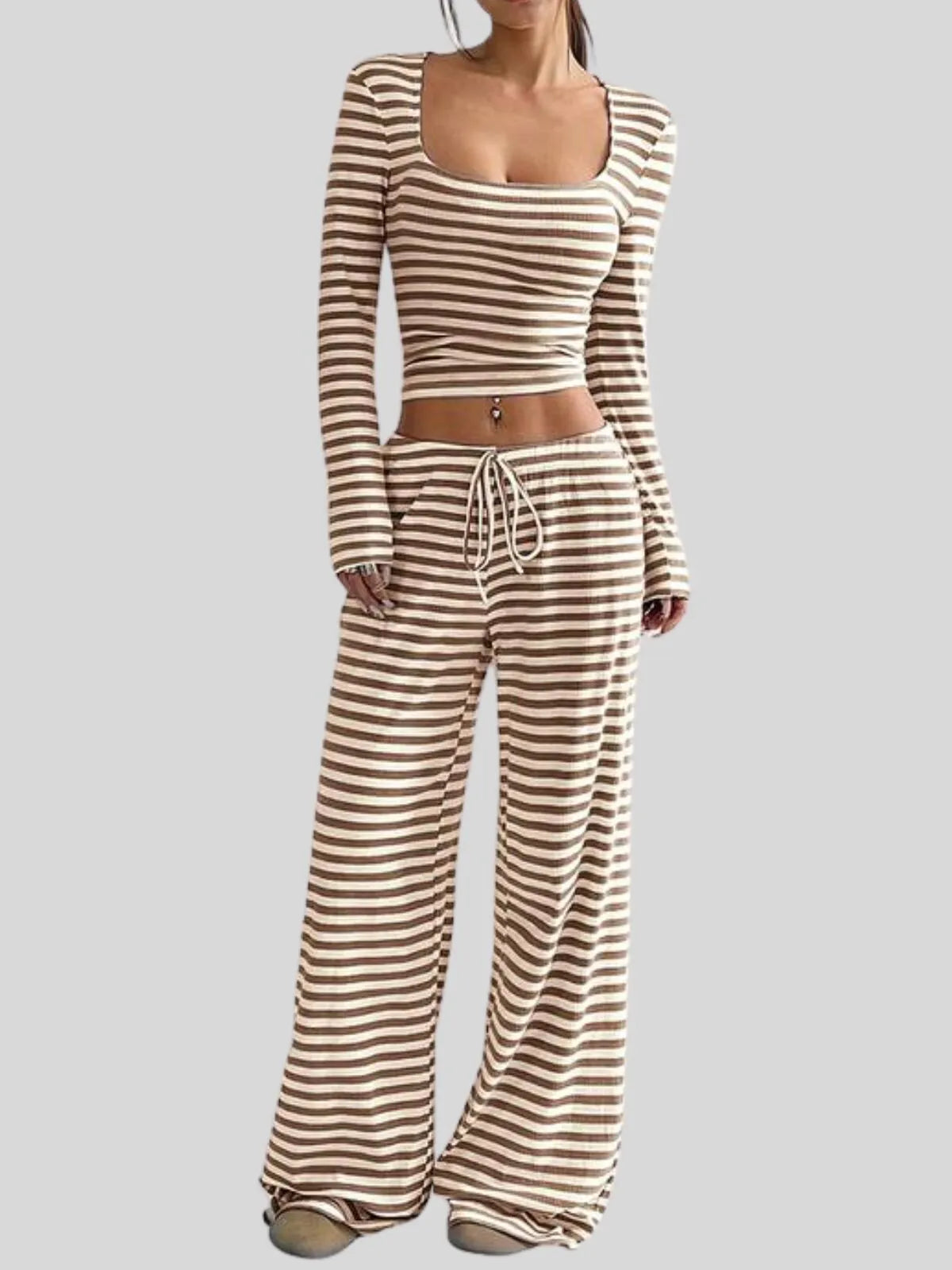 Square Neck Stripe Long Sleeve Crop Top & Cozy Low-Rise Wide Palazzo Pants