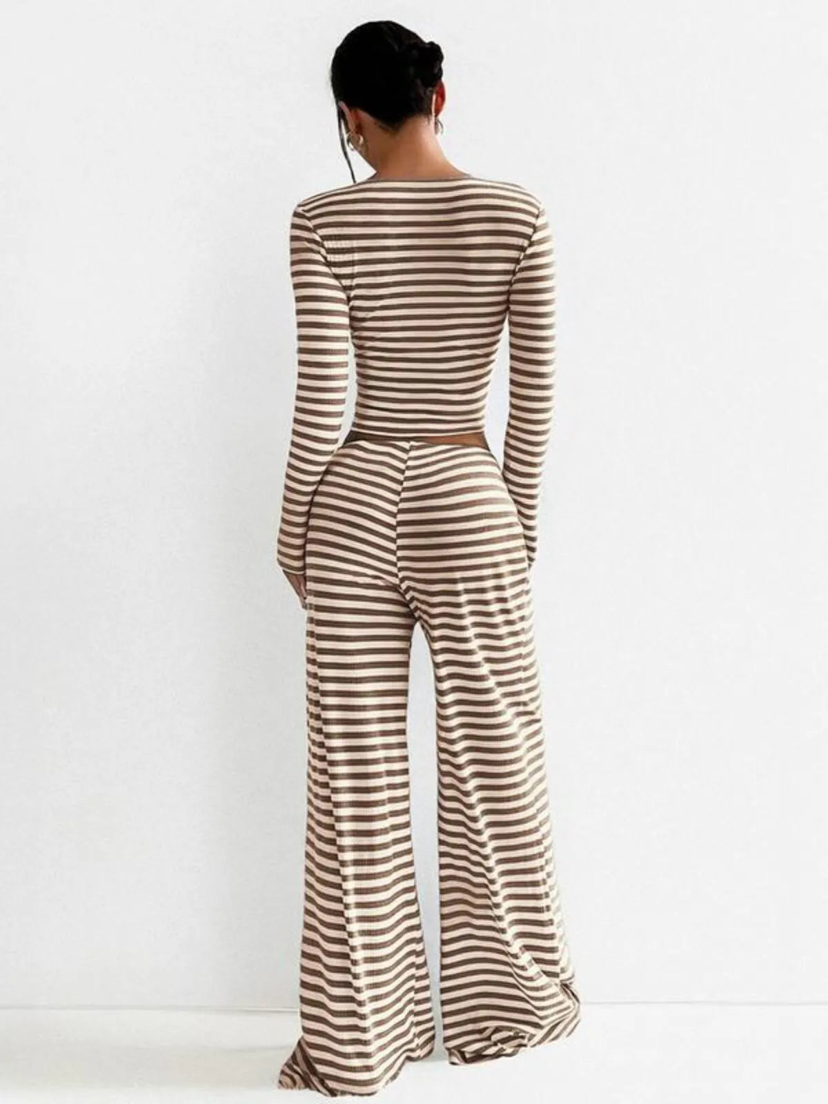 Square Neck Stripe Long Sleeve Crop Top & Cozy Low-Rise Wide Palazzo Pants