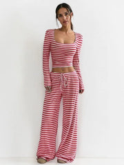 Square Neck Stripe Long Sleeve Crop Top & Cozy Low-Rise Wide Palazzo Pants