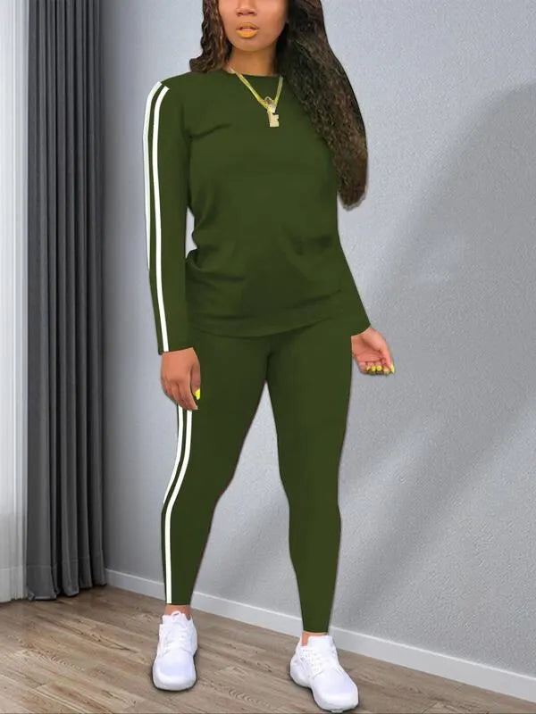 Casual Fashion Cozy Striped Print Round Neck Top & Trousers for Daily Outdoor Wear