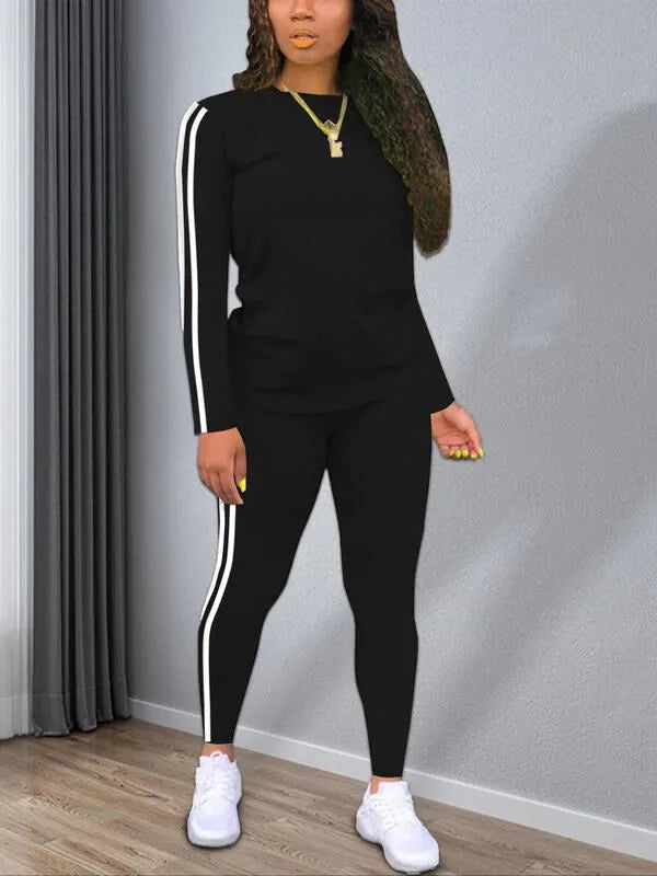 Casual Fashion Cozy Striped Print Round Neck Top & Trousers for Daily Outdoor Wear