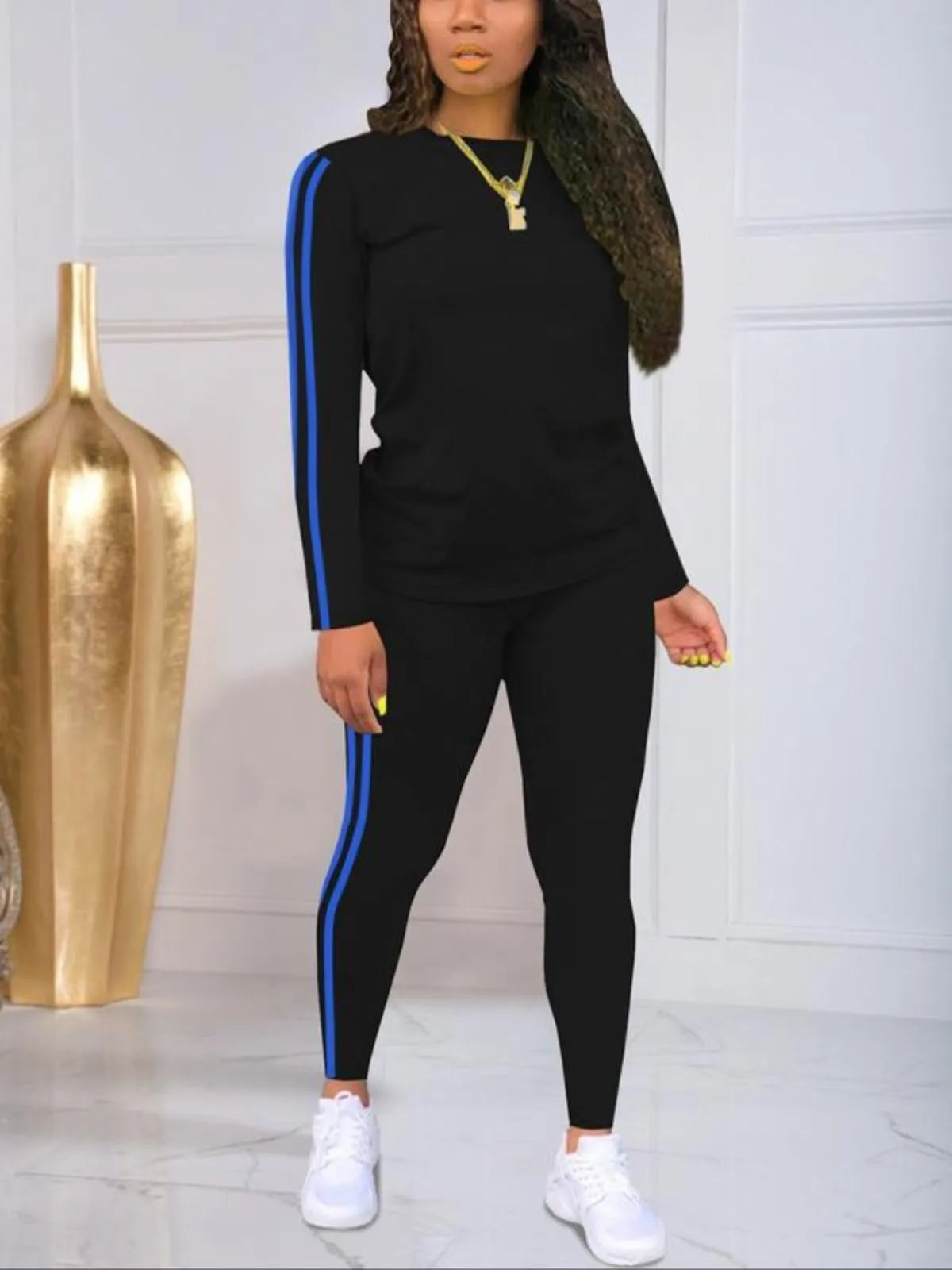 Casual Fashion Cozy Striped Print Round Neck Top & Trousers for Daily Outdoor Wear