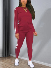 Casual Fashion Cozy Striped Print Round Neck Top & Trousers for Daily Outdoor Wear