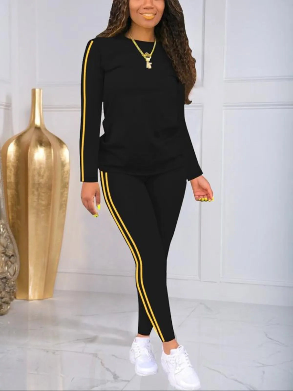 Casual Fashion Cozy Striped Print Round Neck Top & Trousers for Daily Outdoor Wear
