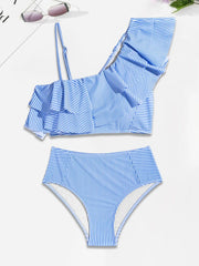 Striped Ruffles High Rise Asymmetric Bikini