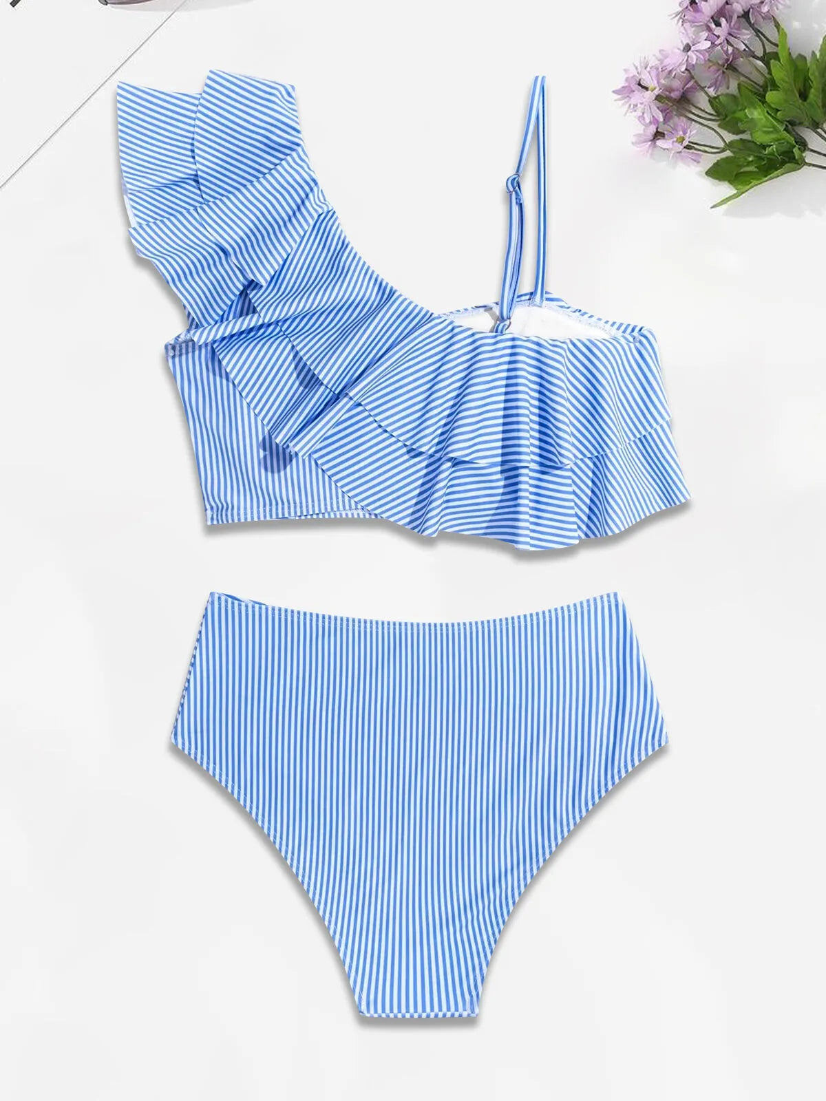 Striped Ruffles High Rise Asymmetric Bikini