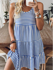 Striped Ruffles Round Neck A-line Dress
