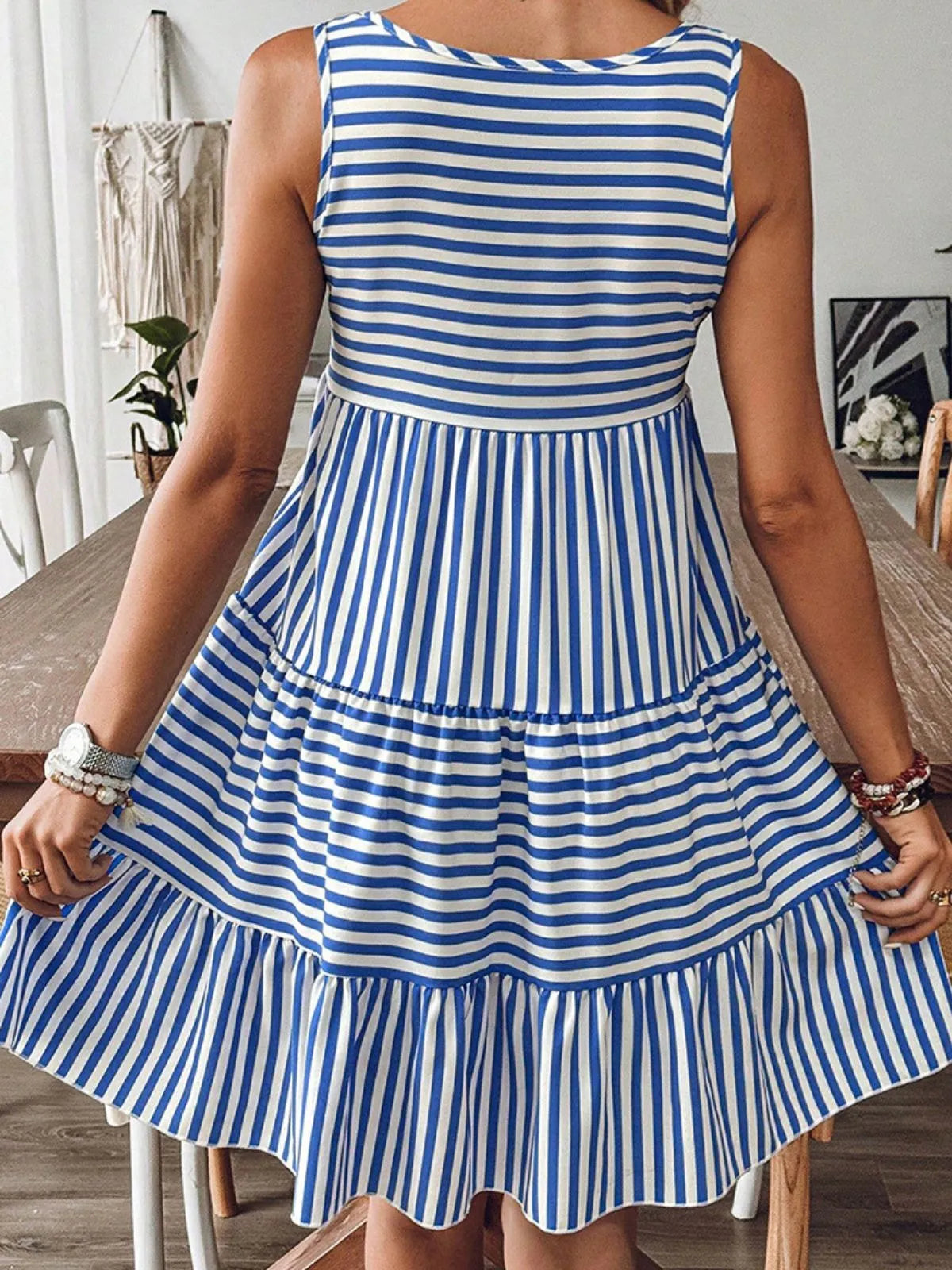 Striped Ruffles Round Neck A-line Dress