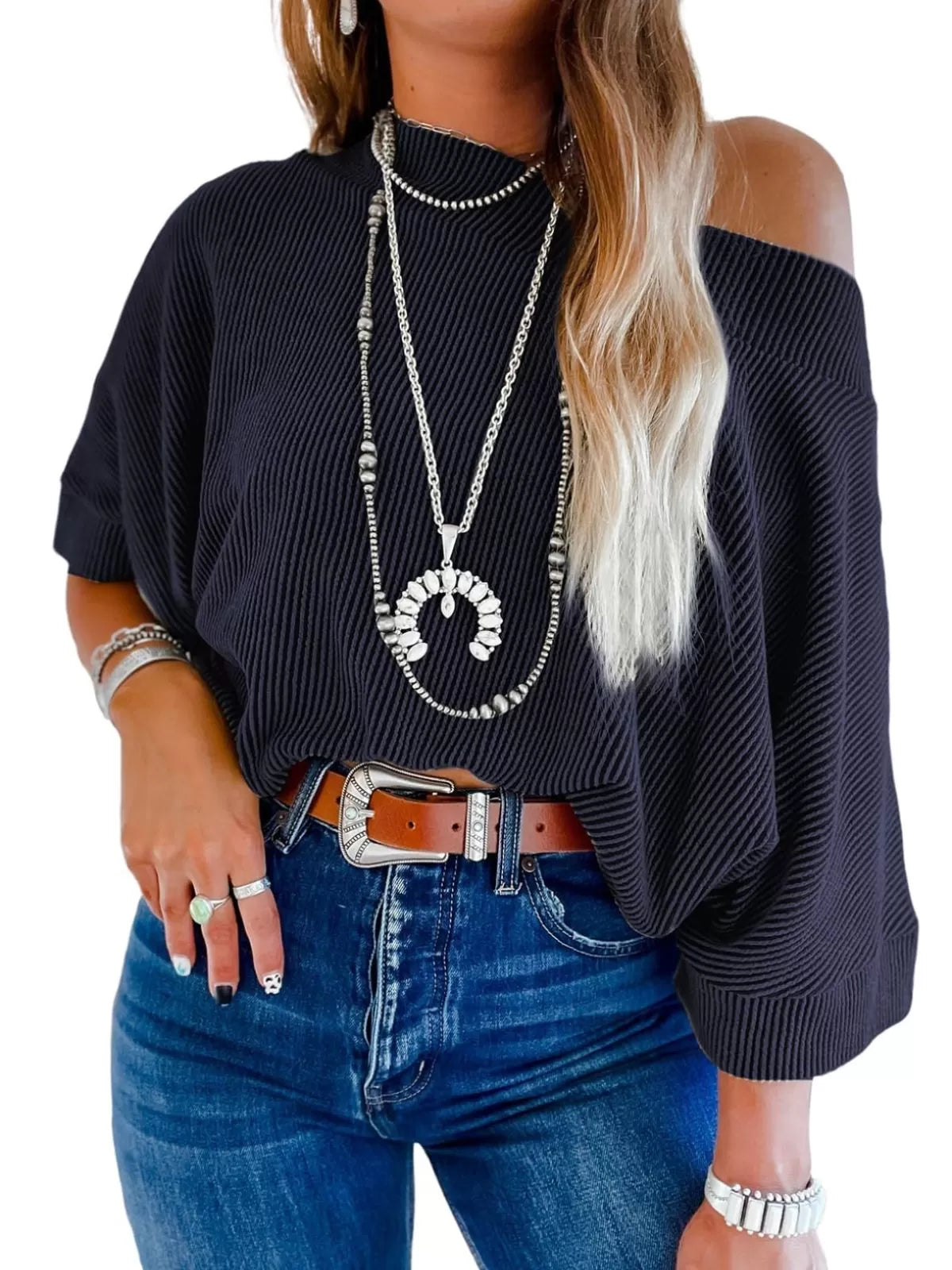 Striped Slashed Batwing Sleeve Casual Half Sleeve Knitted T-shirt
