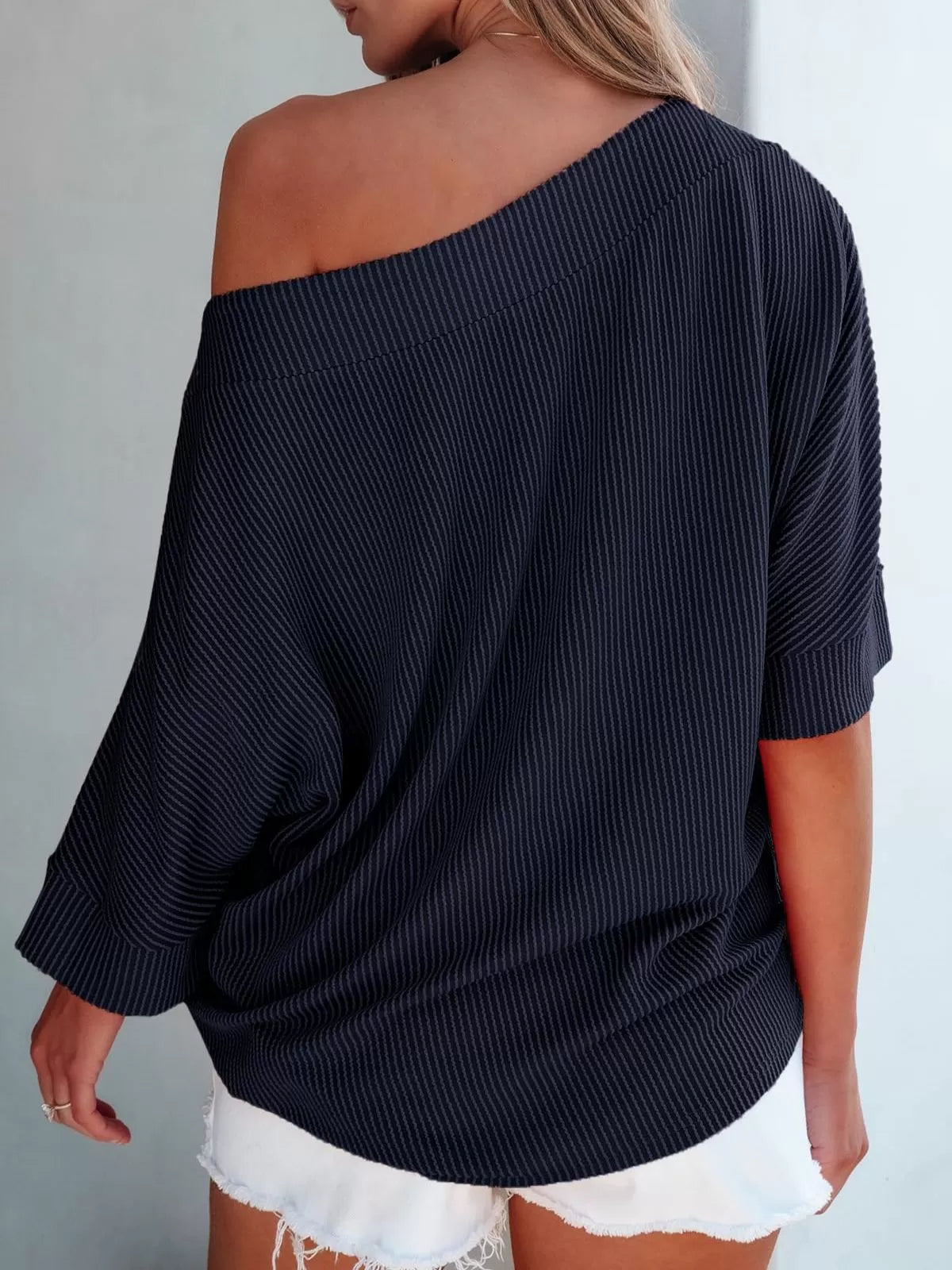 Striped Slashed Batwing Sleeve Casual Half Sleeve Knitted T-shirt