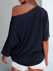 Striped Slashed Batwing Sleeve Casual Half Sleeve Knitted T-shirt