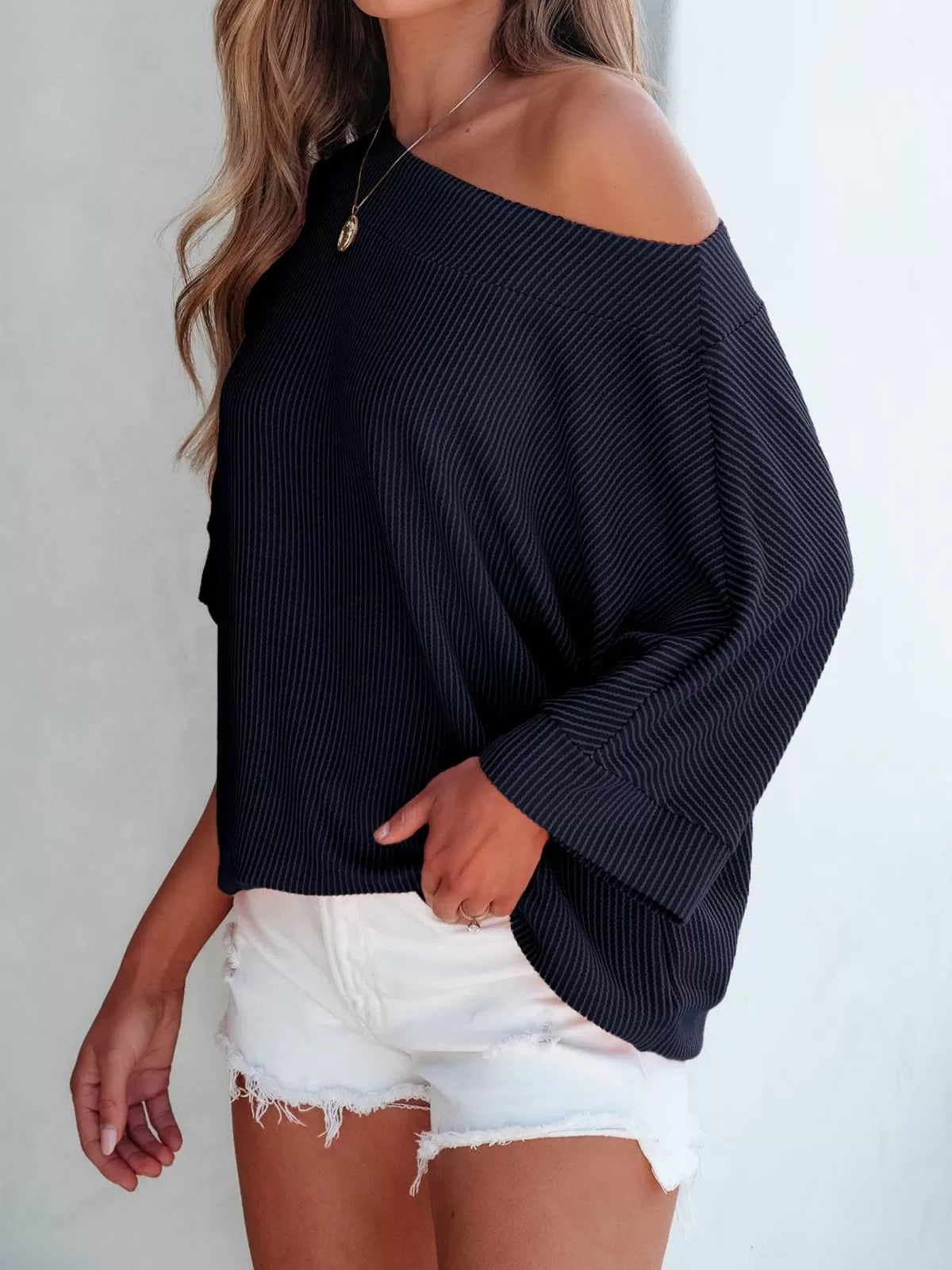 Striped Slashed Batwing Sleeve Casual Half Sleeve Knitted T-shirt