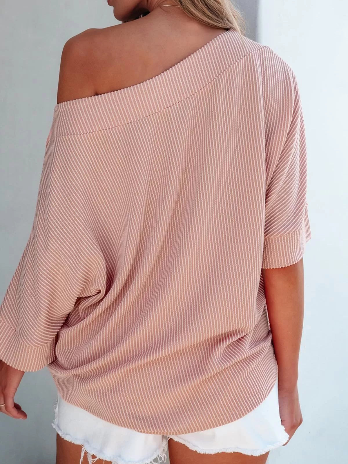 Striped Slashed Batwing Sleeve Casual Half Sleeve Knitted T-shirt