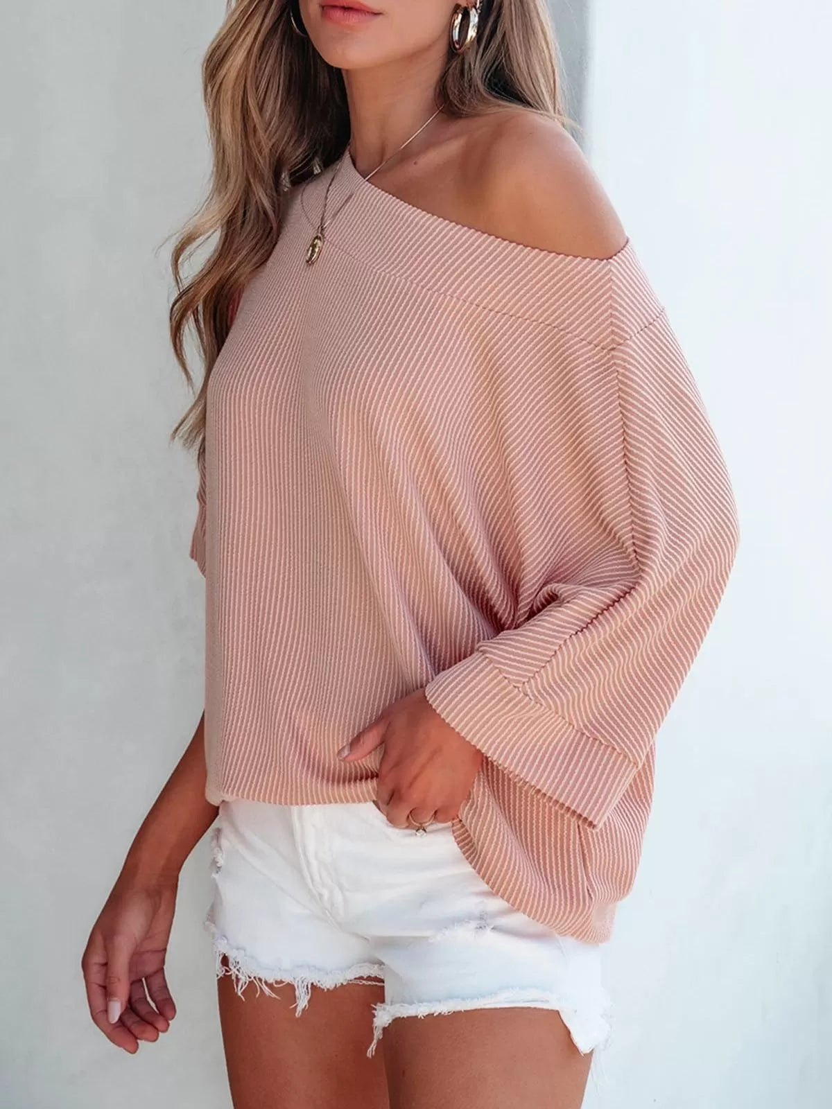 Striped Slashed Batwing Sleeve Casual Half Sleeve Knitted T-shirt