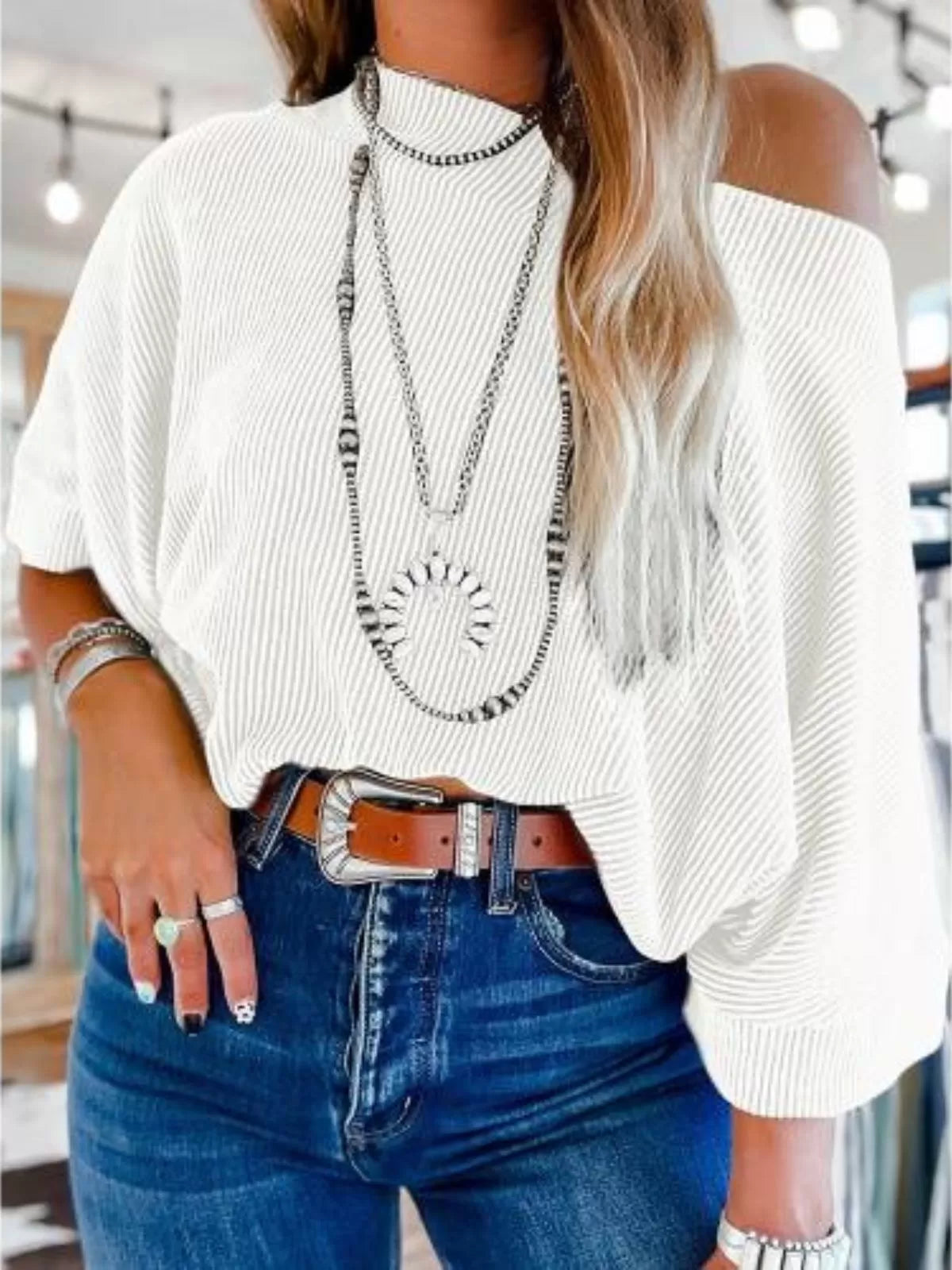 Striped Slashed Batwing Sleeve Casual Half Sleeve Knitted T-shirt