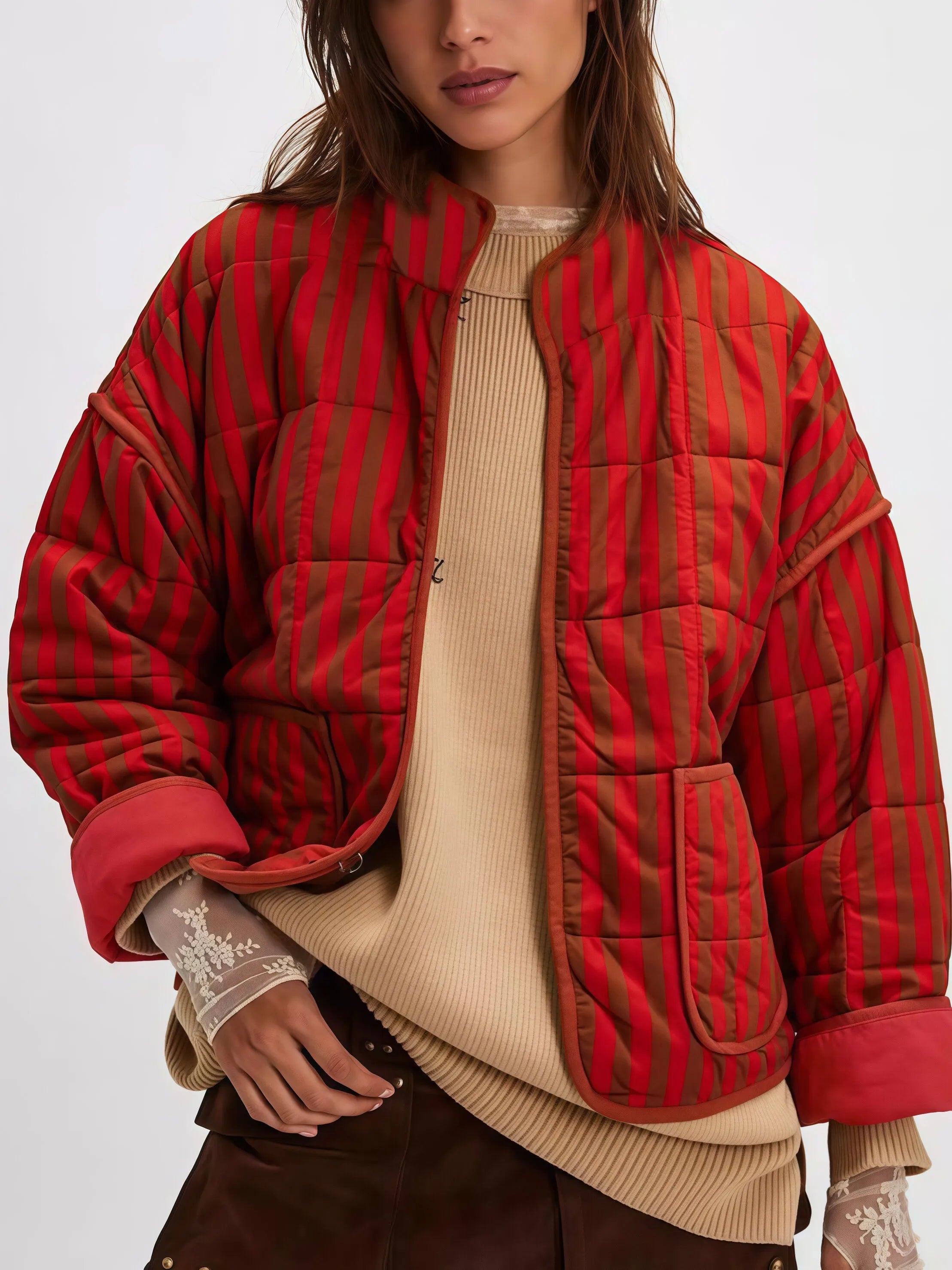 Striped Stand Collar Outwear Coat Casual Long Sleeve Pocket Outerwear for Autumn & Winter