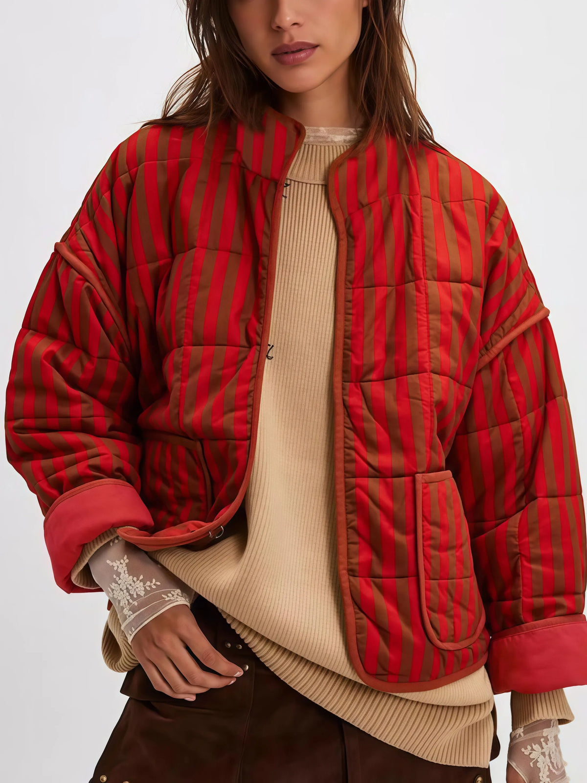 Striped Stand Collar Outwear Coat Casual Long Sleeve Pocket Outerwear for Autumn & Winter