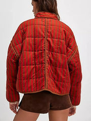 Striped Stand Collar Outwear Coat Casual Long Sleeve Pocket Outerwear for Autumn & Winter