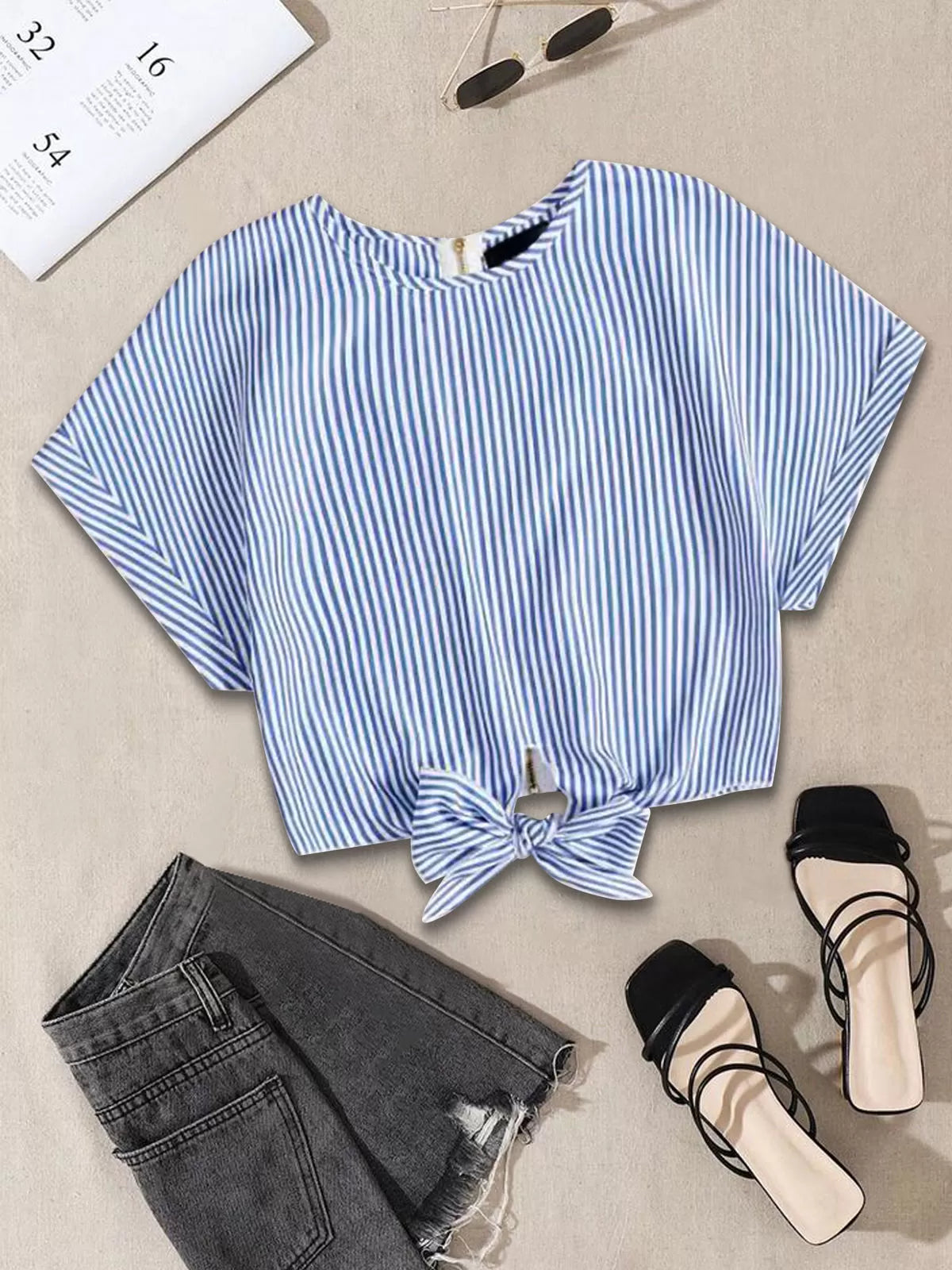 Striped Zipper Round Neck Roll Up Cap Sleeve T-shirt