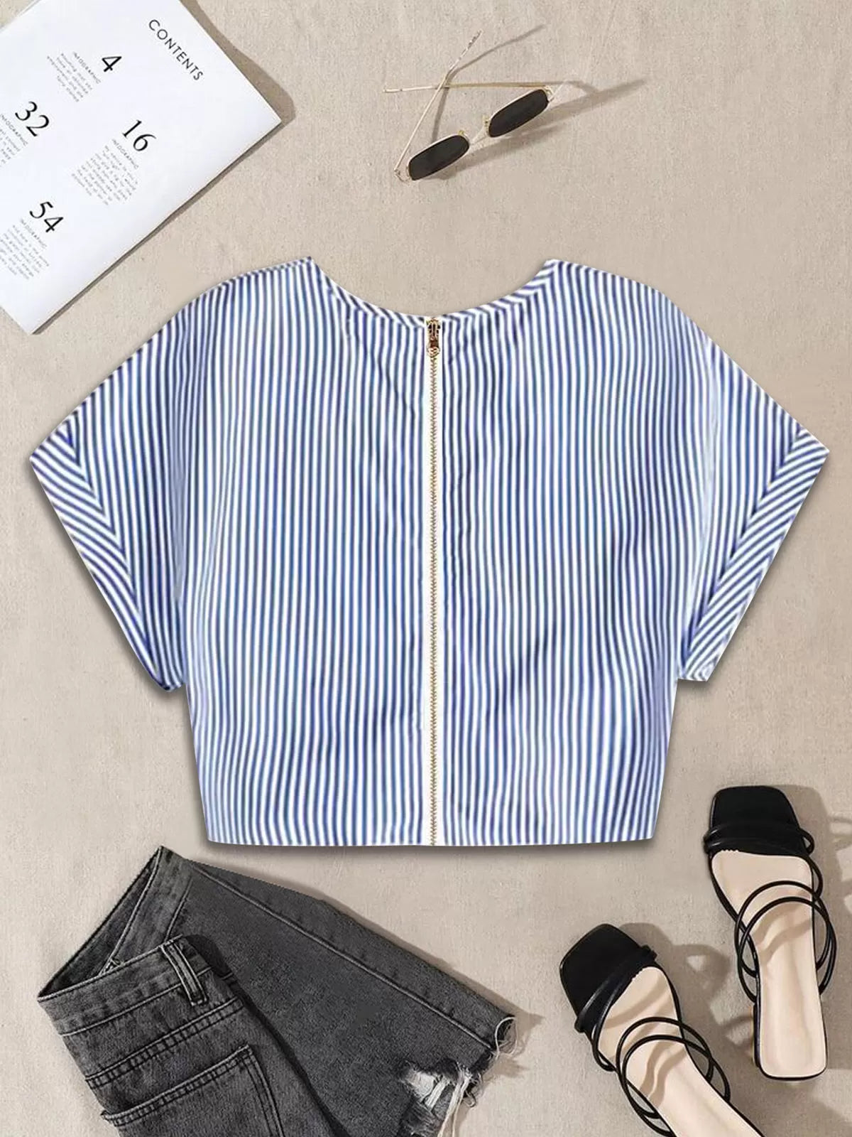 Striped Zipper Round Neck Roll Up Cap Sleeve T-shirt