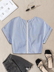 Striped Zipper Round Neck Roll Up Cap Sleeve T-shirt