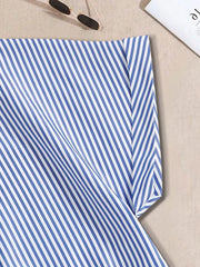Striped Zipper Round Neck Roll Up Cap Sleeve T-shirt