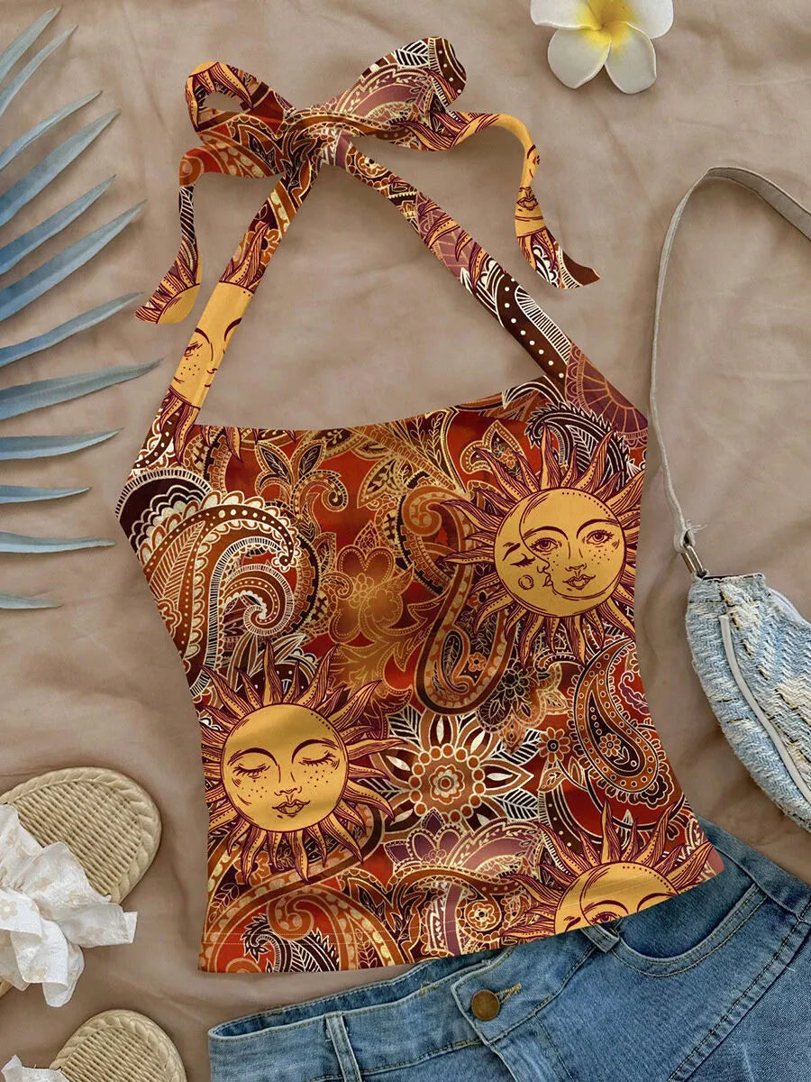 Sun Face Floral Halter Neck Tank