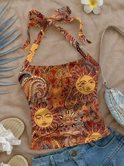 Sun Face Floral Halter Neck Tank