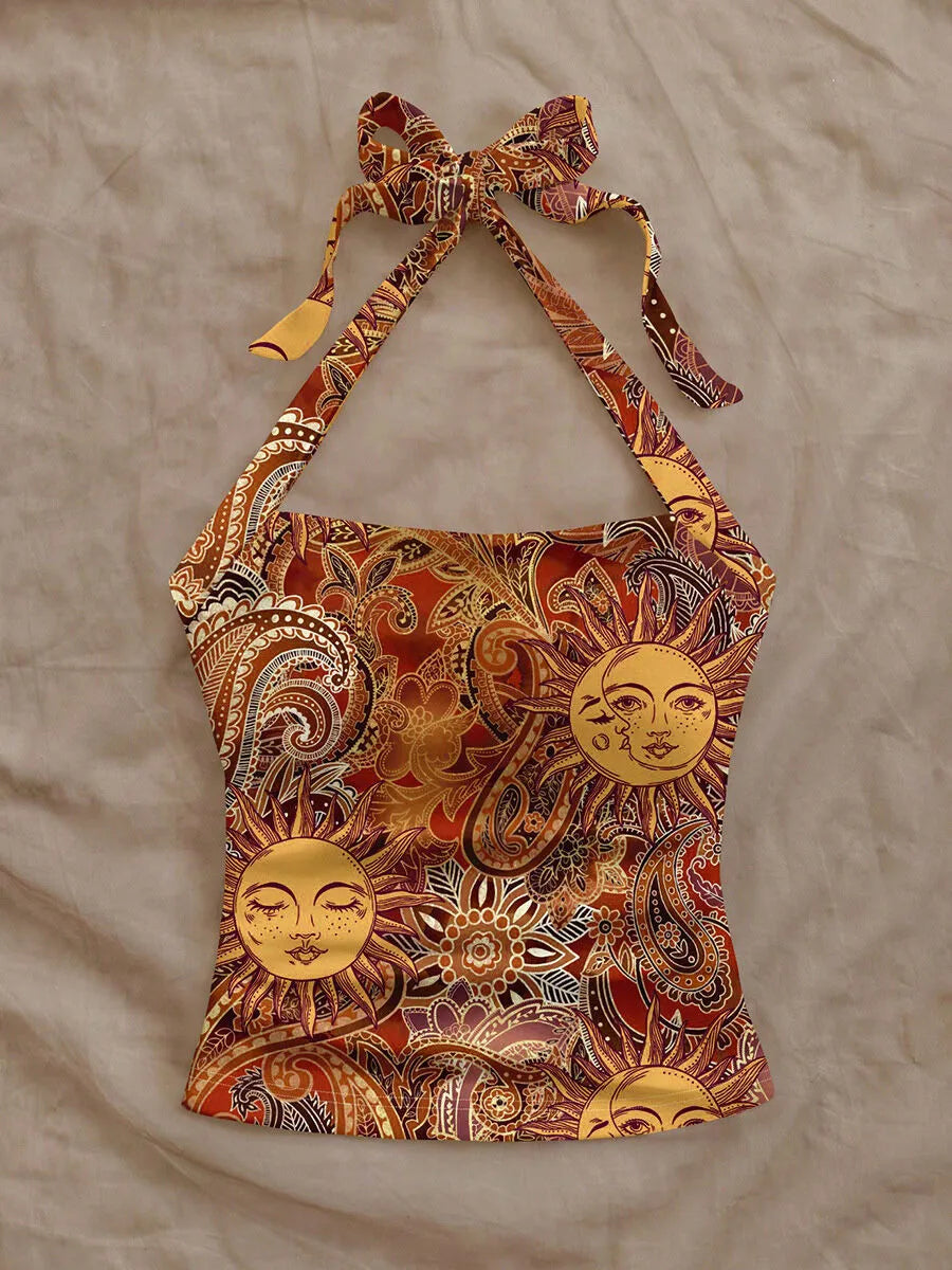 Sun Face Floral Halter Neck Tank