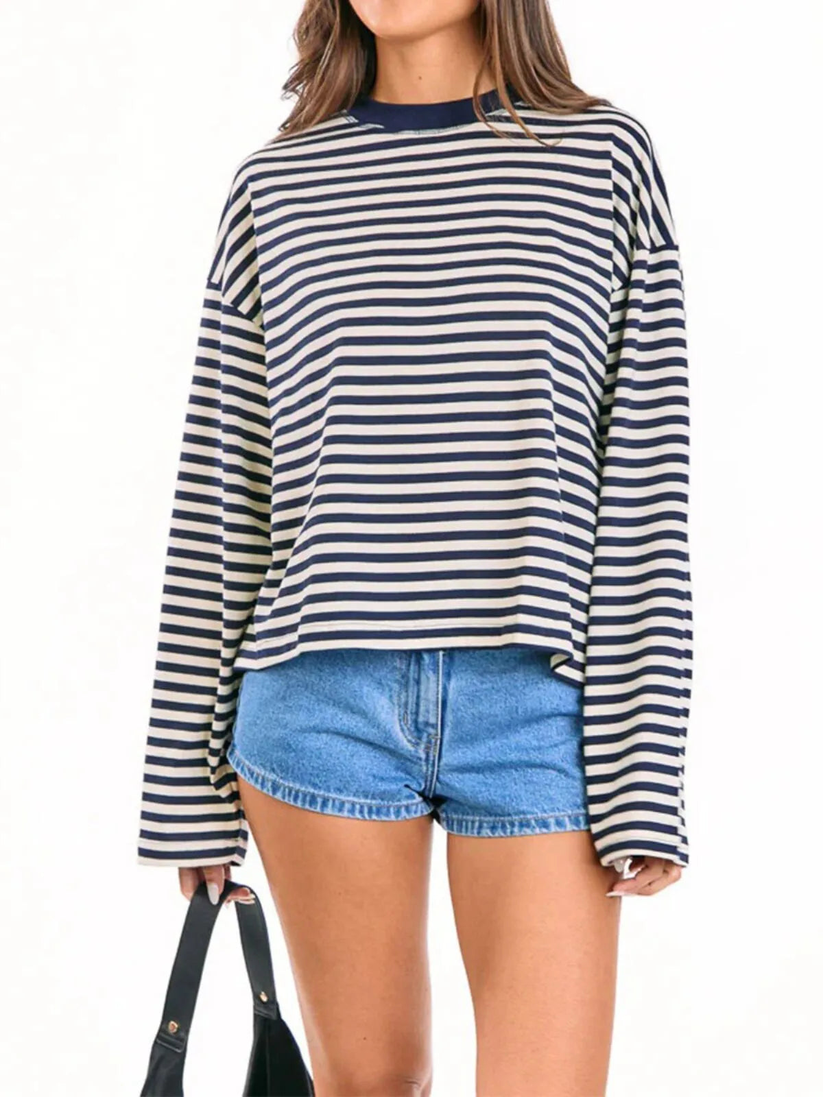 Thin Horizontal Stripes Lapel Casual Drop Shoulder T-shirt Streetwear