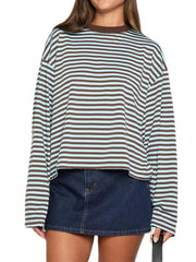 Thin Horizontal Stripes Lapel Casual Drop Shoulder T-shirt Streetwear