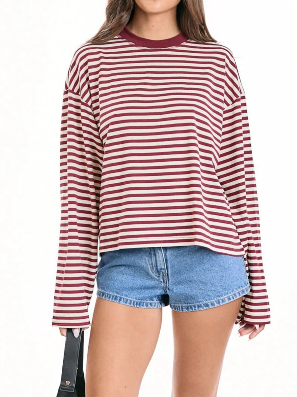 Thin Horizontal Stripes Lapel Casual Drop Shoulder T-shirt Streetwear