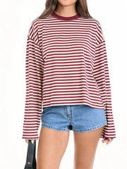 Thin Horizontal Stripes Lapel Casual Drop Shoulder T-shirt Streetwear