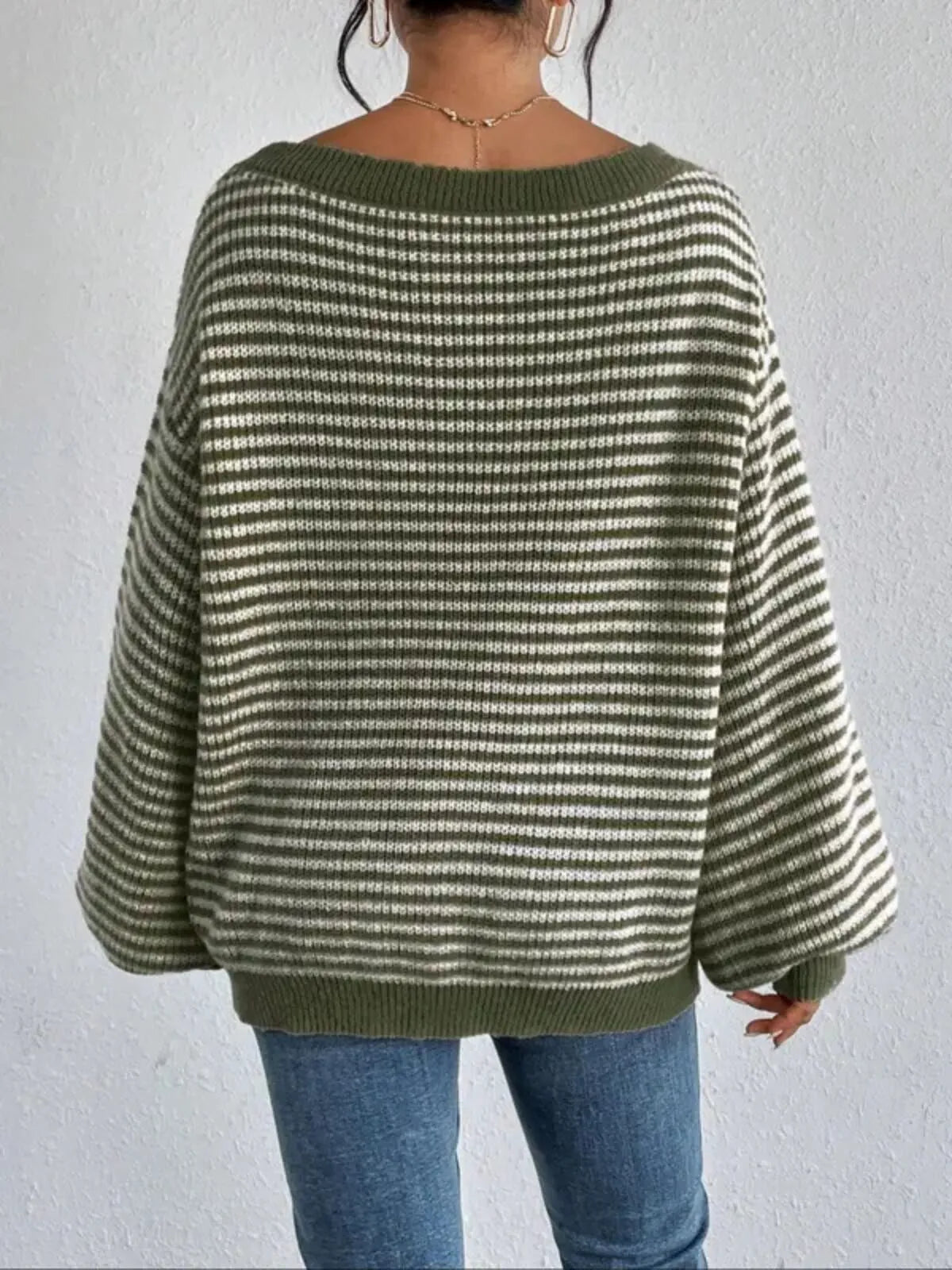 Thin Horizontal Stripes Rib-knit Slashed Drop Shoulder Knitting Sweater for Everyday Fall & Winter