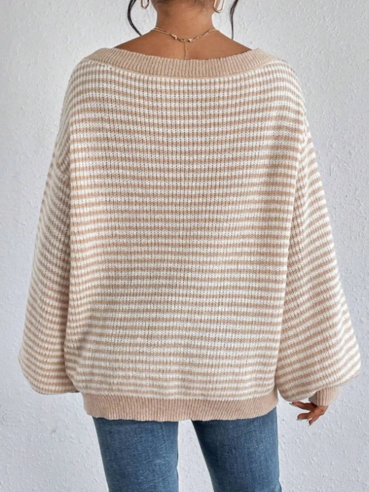 Thin Horizontal Stripes Rib-knit Slashed Drop Shoulder Knitting Sweater for Everyday Fall & Winter