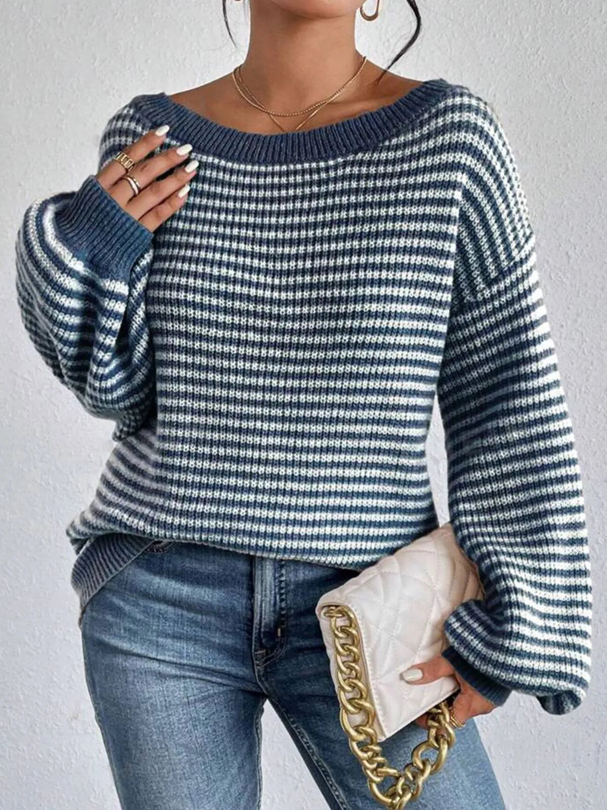 Thin Horizontal Stripes Rib-knit Slashed Drop Shoulder Knitting Sweater for Everyday Fall & Winter
